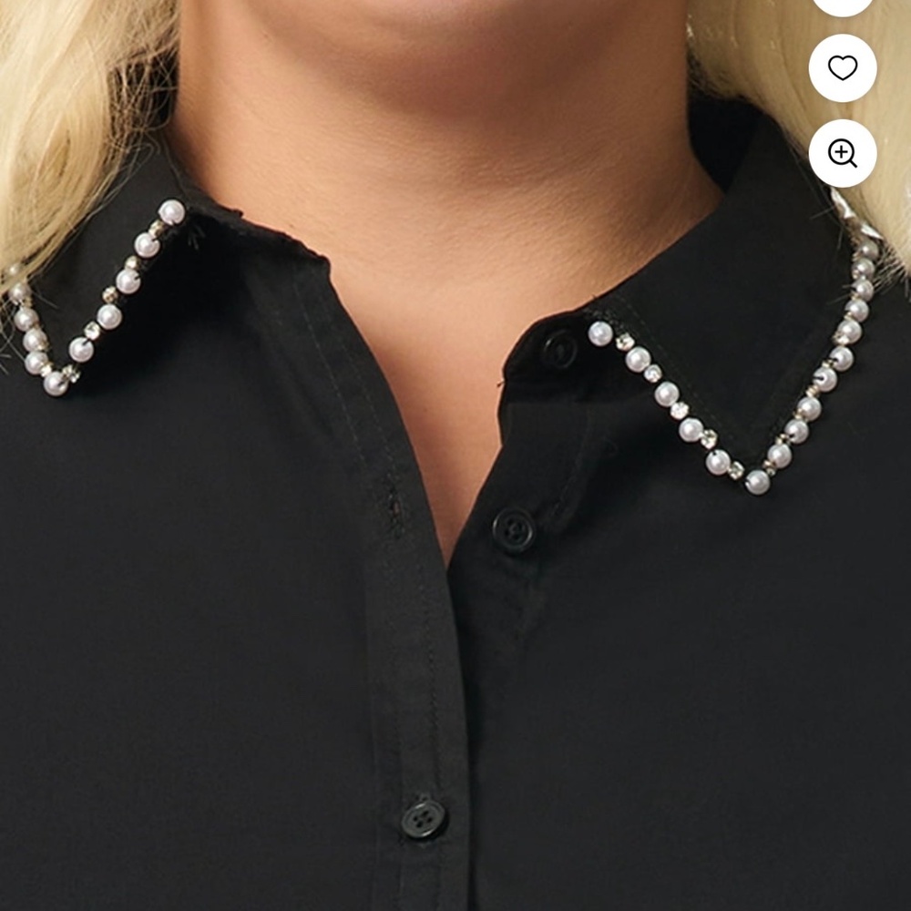 Black Button Down with Pearls & diamonds in collar trim 1X